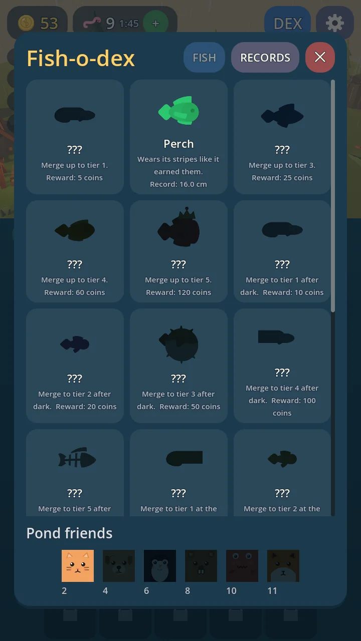 The Fish-o-dex: a grid of fish cards where a green perch is stamped with its record size, the rest still silhouettes marked with question marks, and a row of pond friends — cat, dog, frog, and more — along the bottom.