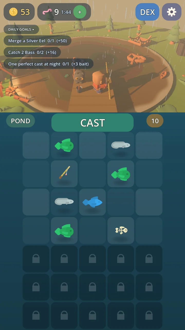 A rainy afternoon at the low-poly forest pond: the angler on the dock with a raccoon pet beside him, daily goals on screen, and a merge board below holding perch, minnows, and a blue bass.
