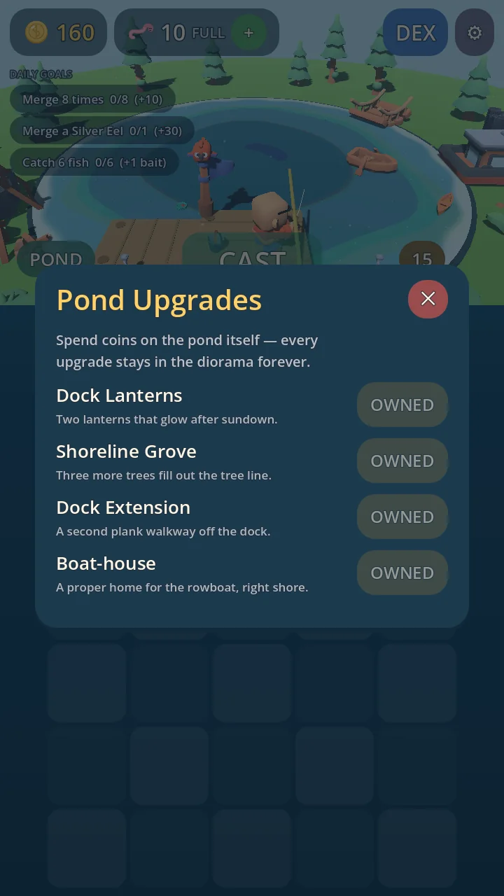 The Pond Upgrades shop over the pond: Dock Lanterns, Shoreline Grove, Dock Extension, and Boat-house — every one already marked OWNED.