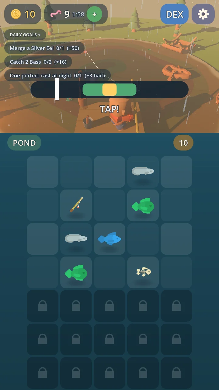 The timing bar mid-cast: a white marker sliding toward a green band with a golden sweet spot in the middle, and the word TAP! below the line arcing into the water.